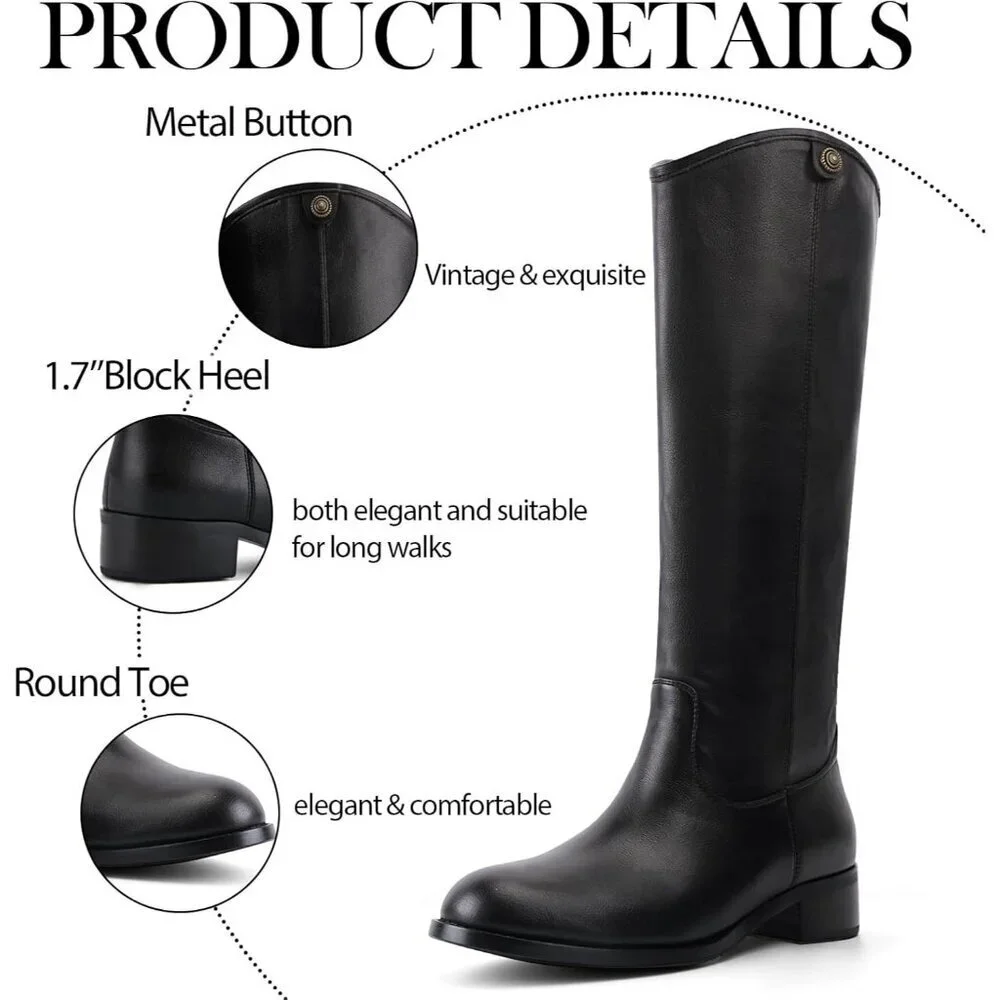 Women's Black Round Toe Chunky Heel Faux Suede Tall Knee High Boots Rubber